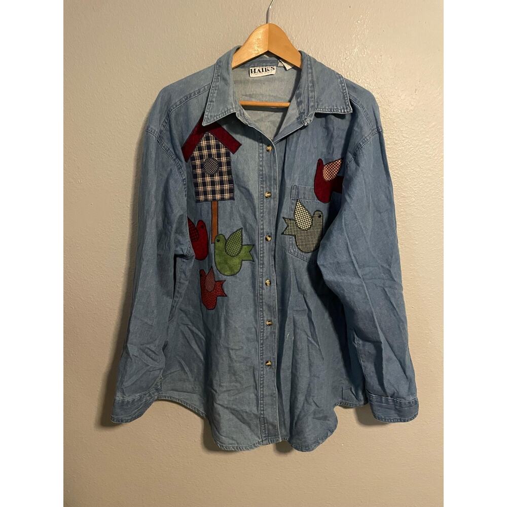 Vintage HAIKS Top Womens 2X Denim Birdhouse Embroidered Cottagecore 90s READ
